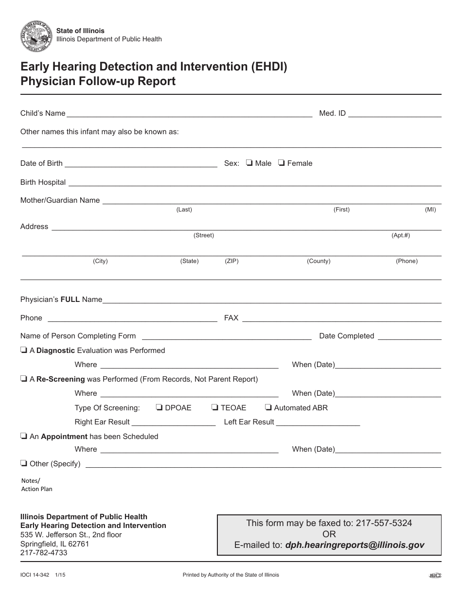Form IOCI14-342 Early Hearing Detection and Intervention (Ehdi) Physician Follow-Up Report - Illinois, Page 1