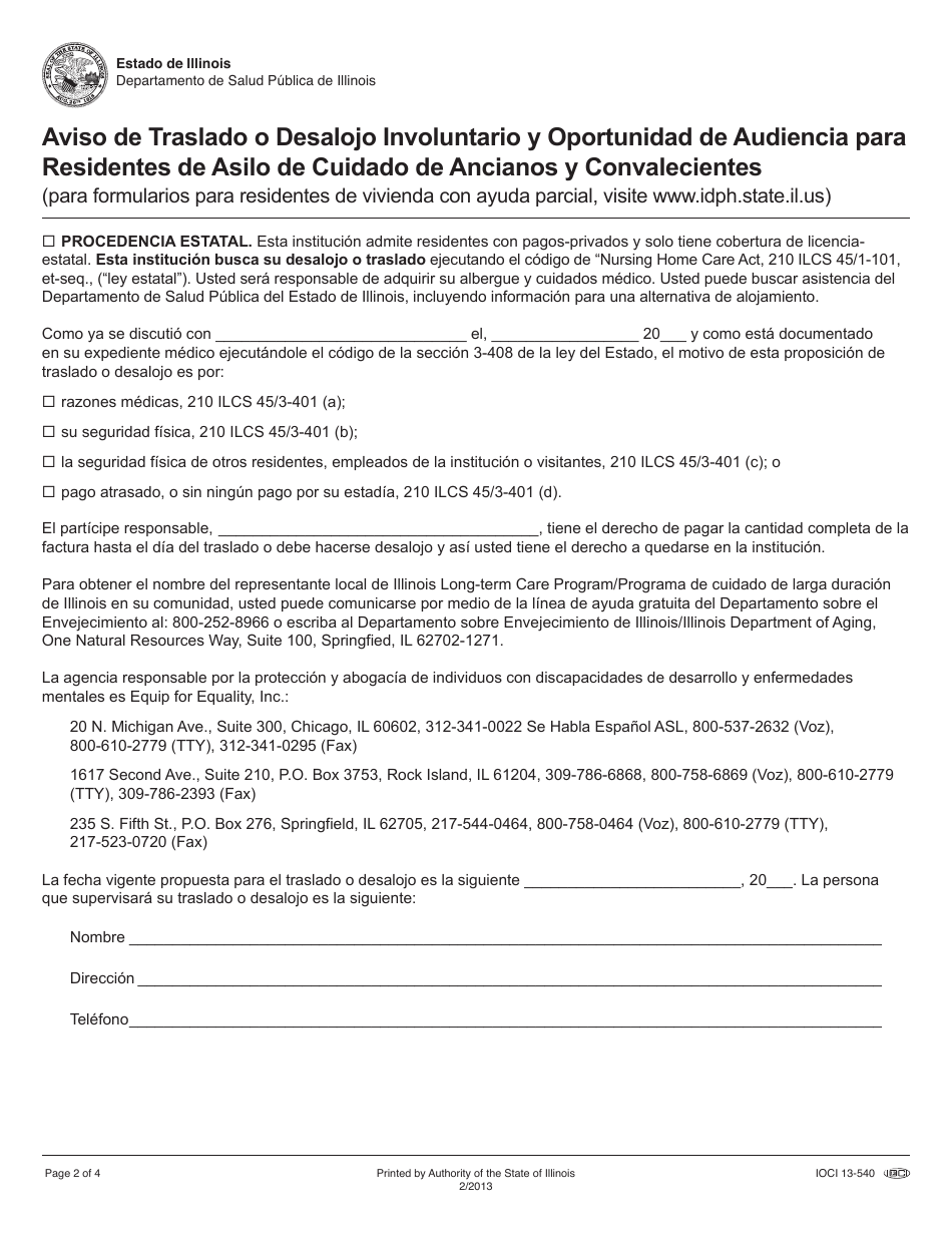Formulario IOCI13-540 Aviso De Traslado O Desalojo Involuntario Y Oportunidad De Audiencia Para Residentes De Asilo De Cuidado De Ancianos Y Convalecientes - Illinois (Spanish), Page 2