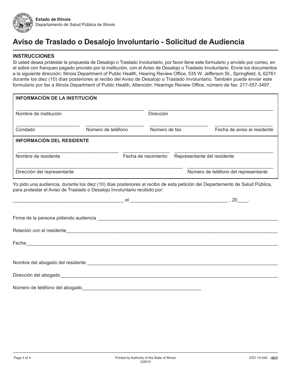 Formulario IOCI13-540 Aviso De Traslado O Desalojo Involuntario Y Oportunidad De Audiencia Para Residentes De Asilo De Cuidado De Ancianos Y Convalecientes - Illinois (Spanish), Page 4