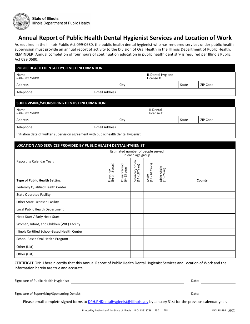 Form IOCI18-384 Annual Report of Public Health Dental Hygienist Services and Location of Work - Illinois, Page 1