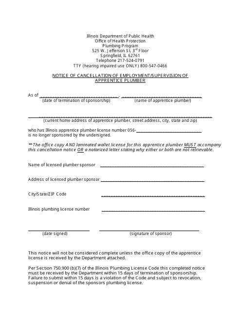 Notice of Cancellation of Employment / Supervision of Apprentice Plumber - Illinois Download Pdf