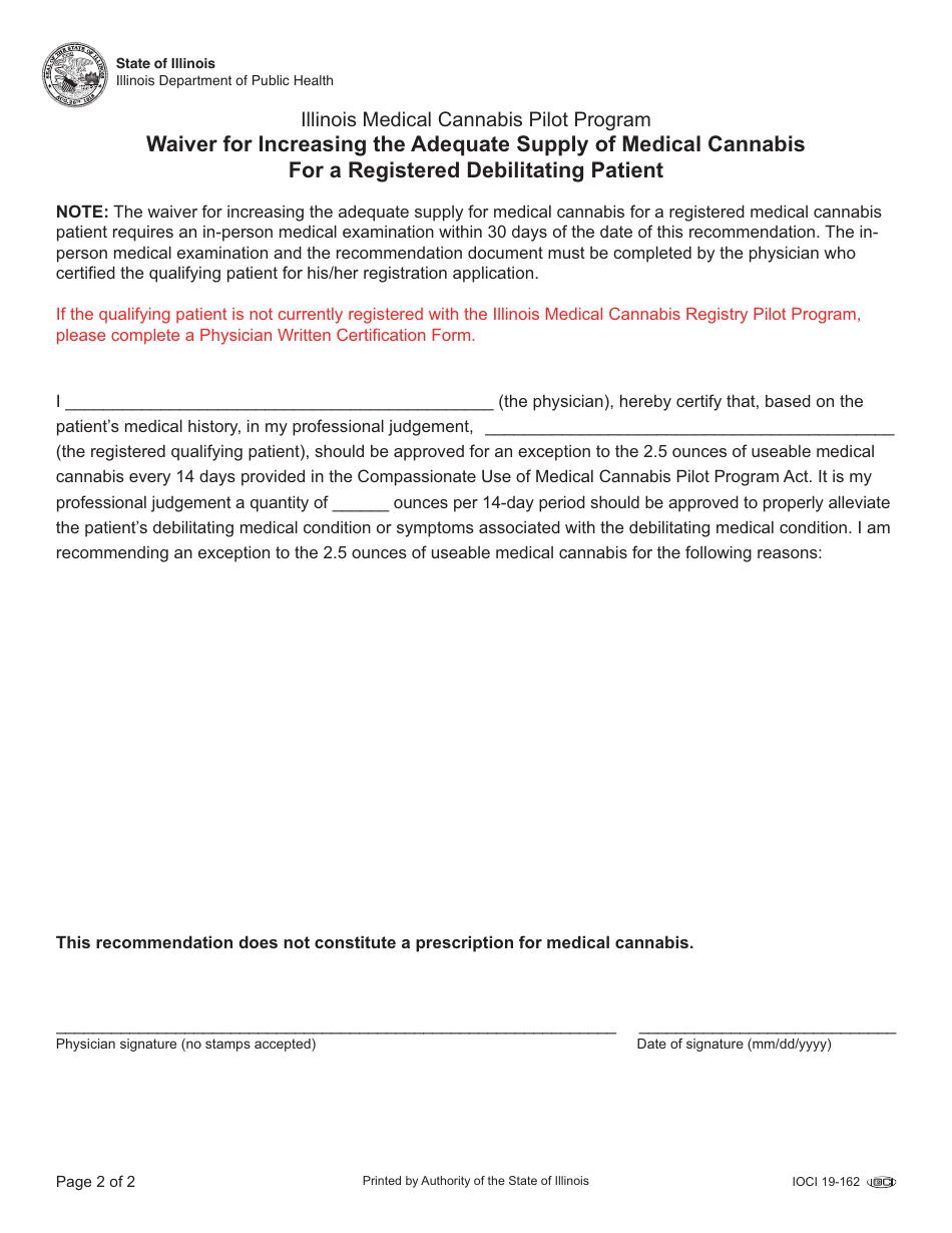 Form IOCI19-162 Waiver for Increasing the Adequate Supply of Medical Cannabis for a Registered Debilitating Patient - Illinois, Page 2