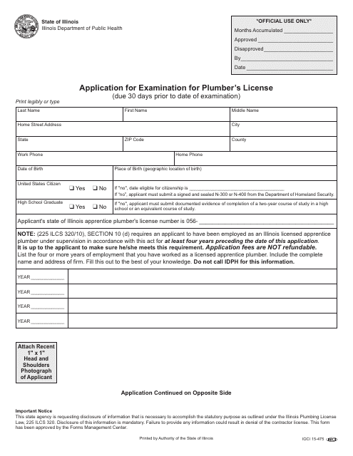 Form IOCI15-475 Application for Examination for Plumber's License - Illinois
