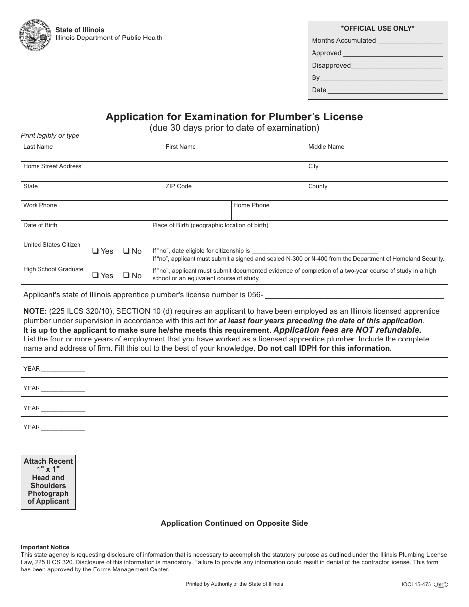 Form IOCI15-475 Application for Examination for Plumbers License - Illinois, Page 1