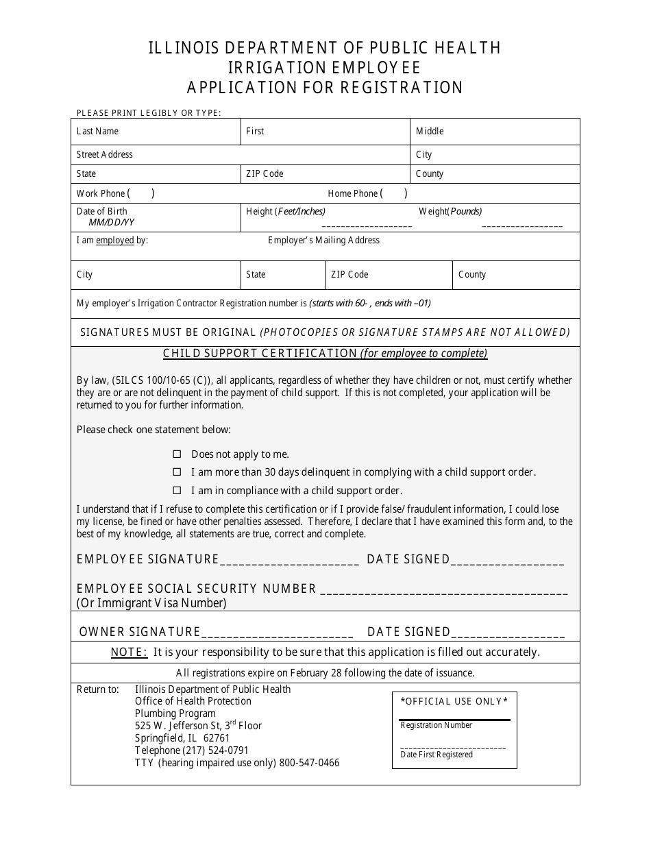 Application for Registration of Irrigation Employee - Illinois, Page 1