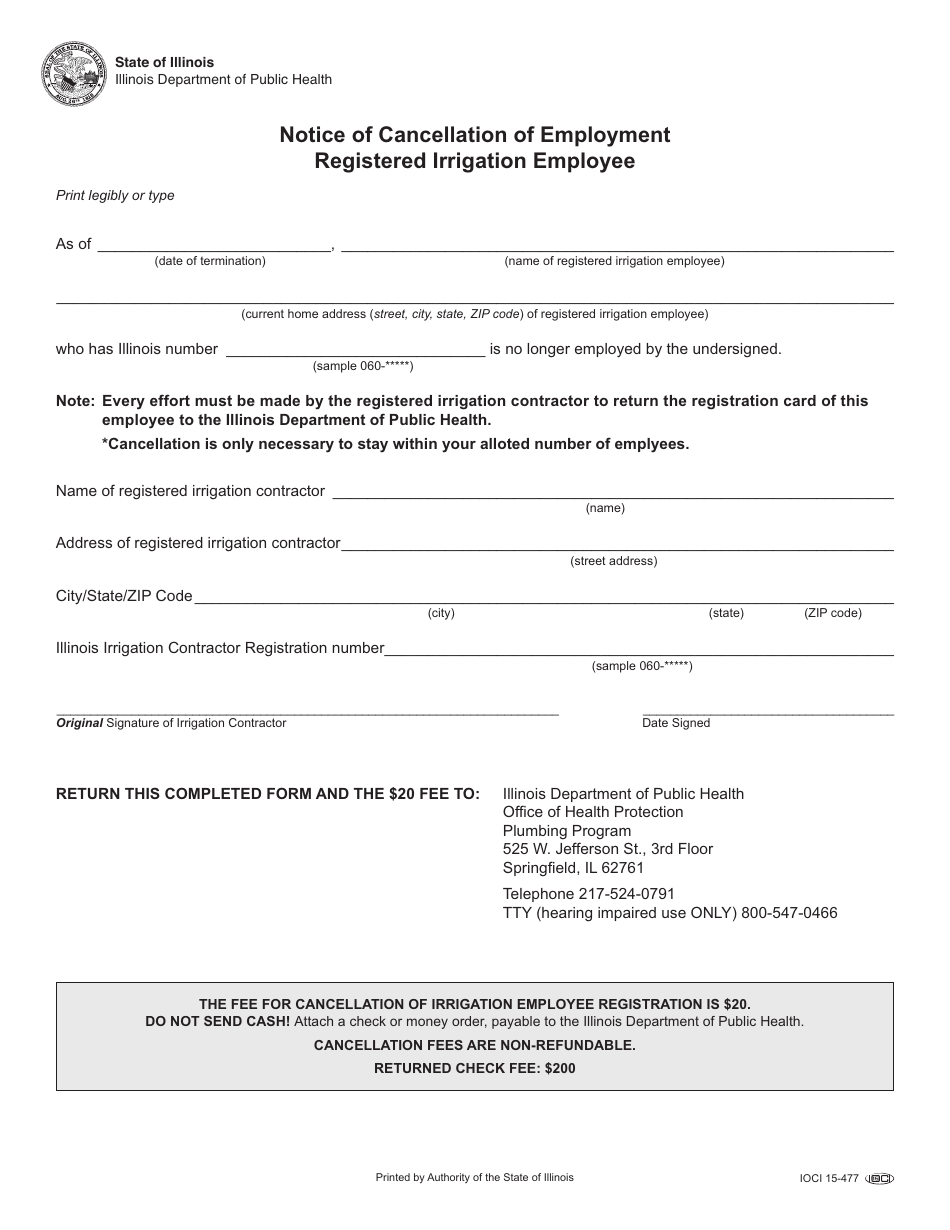 Form IOCI15-477 Notice of Cancellation of Employment Registered Irrigation Employee - Illinois, Page 1