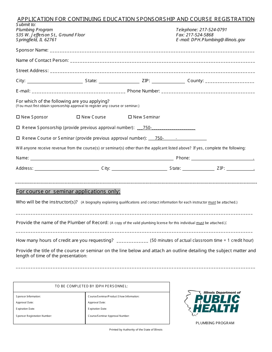 Application for Continuing Education Sponsorship and Course Registration - Illinois, Page 1