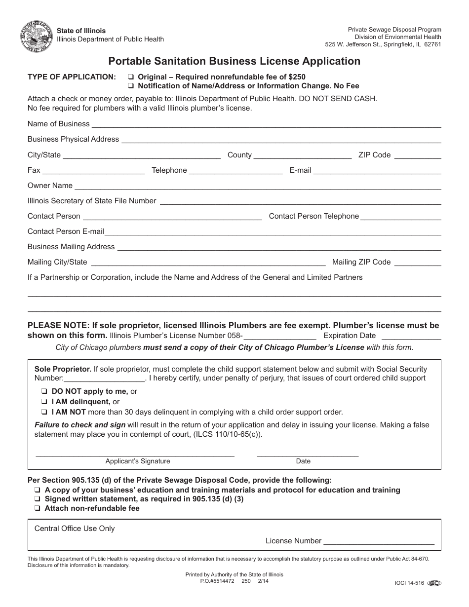 Form IOCI14-516 Portable Sanitation Business License Application - Illinois, Page 1
