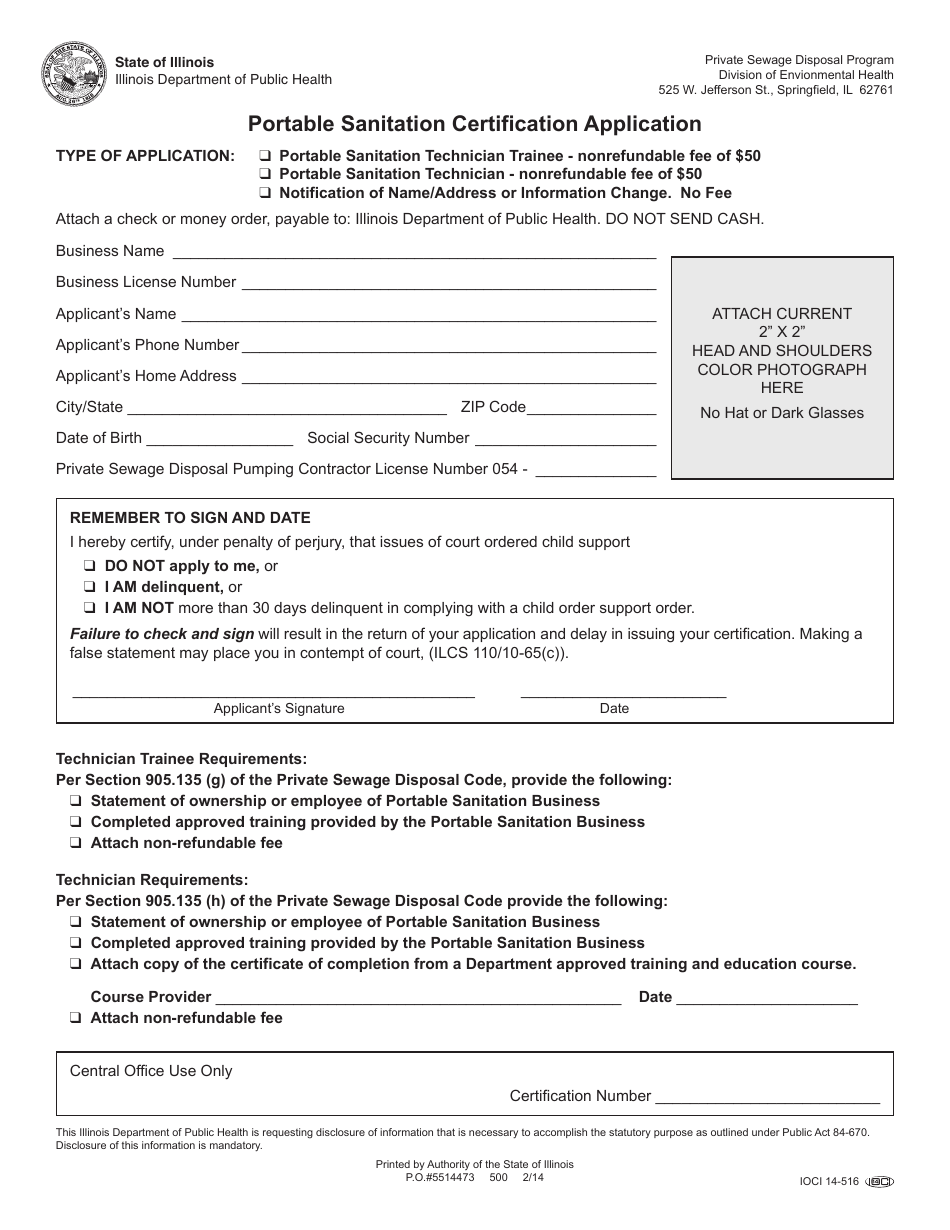 Form IOCI14-516 Portable Sanitation Certification Application - Illinois, Page 1