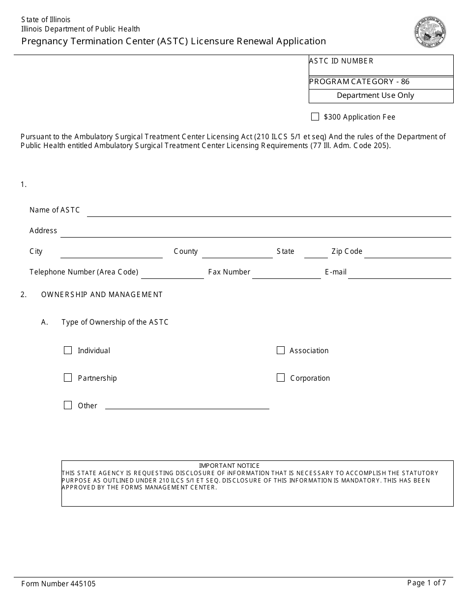Form 445105 Pregnancy Termination Center (Astc) Licensure Renewal Application - Illinois, Page 1