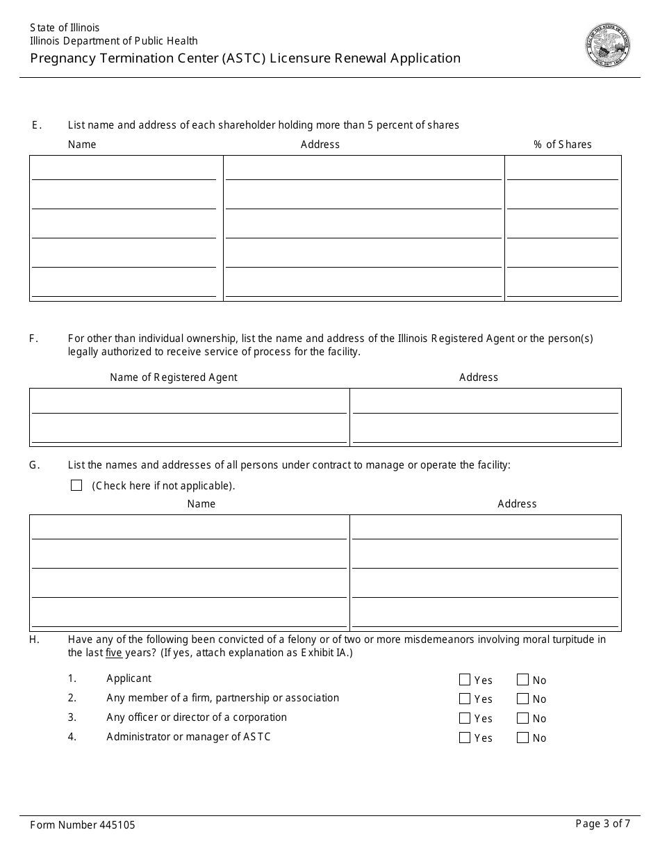 Form 445105 Pregnancy Termination Center (Astc) Licensure Renewal Application - Illinois, Page 3