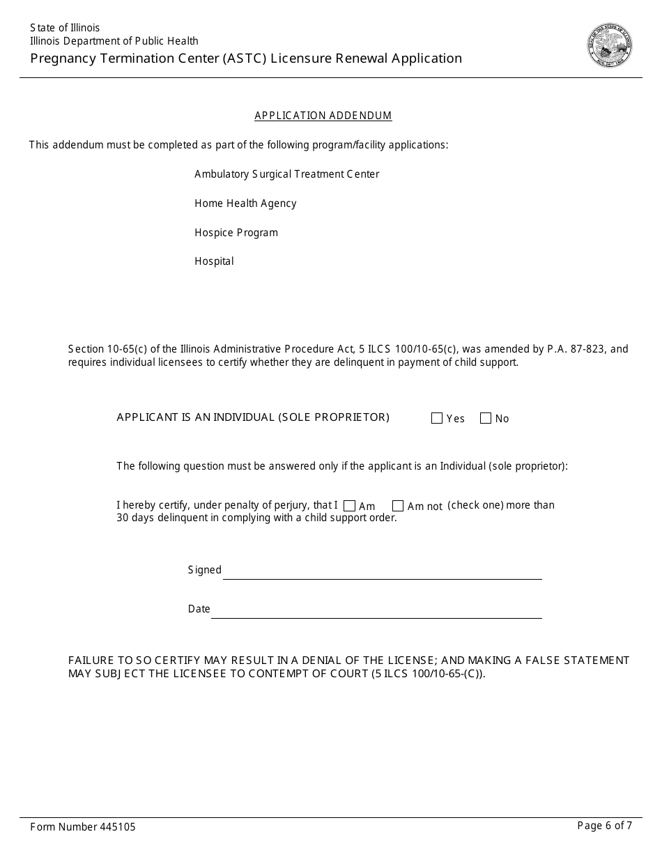 Form 445105 Pregnancy Termination Center (Astc) Licensure Renewal Application - Illinois, Page 6