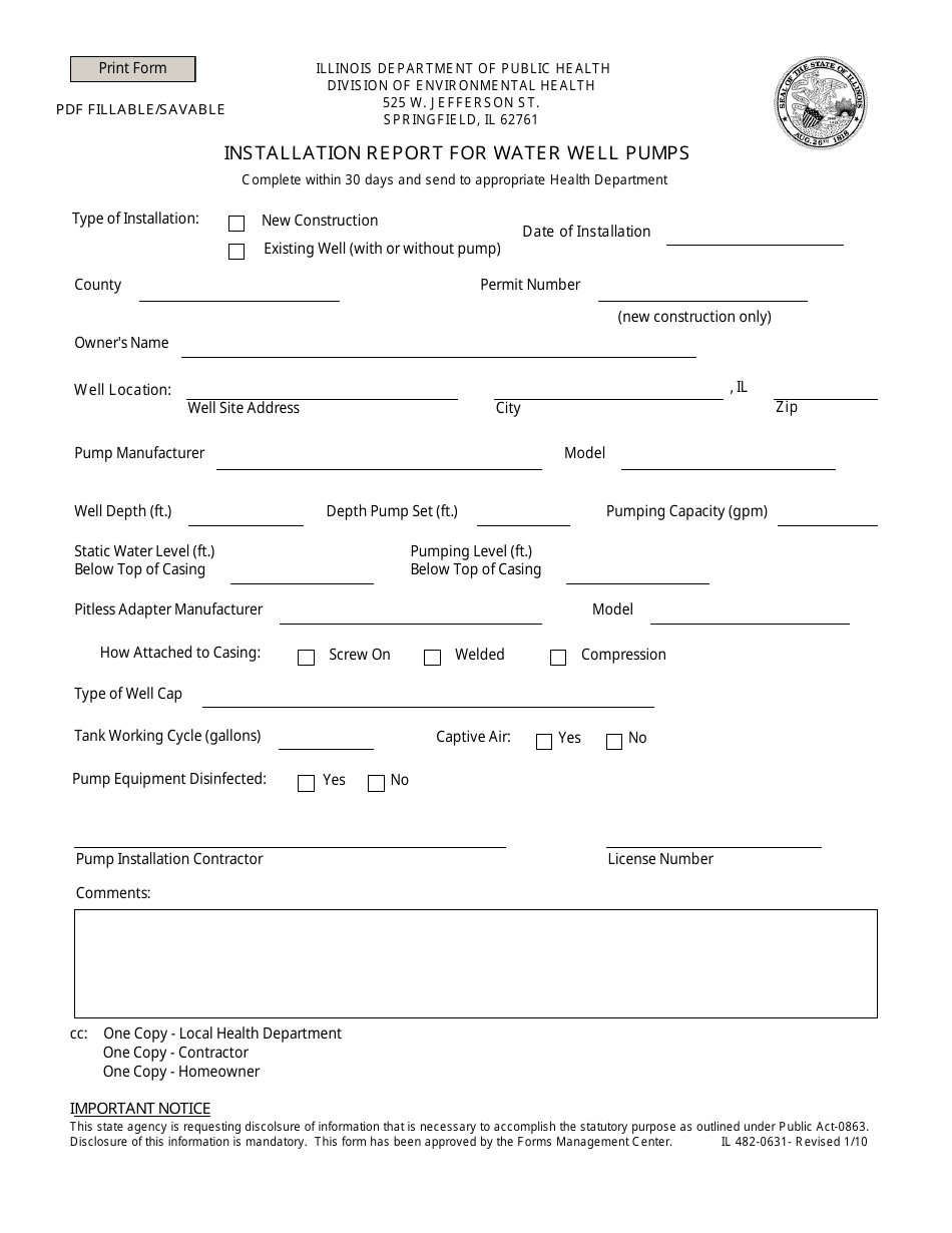 Form IL482-0631 Installation Report for Water Well Pumps - Illinois, Page 1