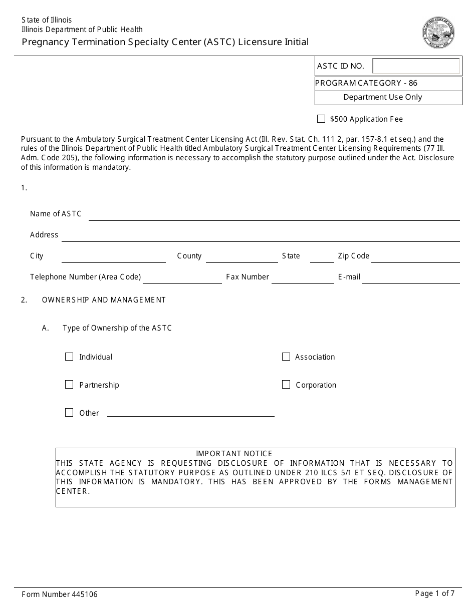 Form 445106 Pregnancy Termination Specialty Center (Astc) Licensure Initial - Illinois, Page 1