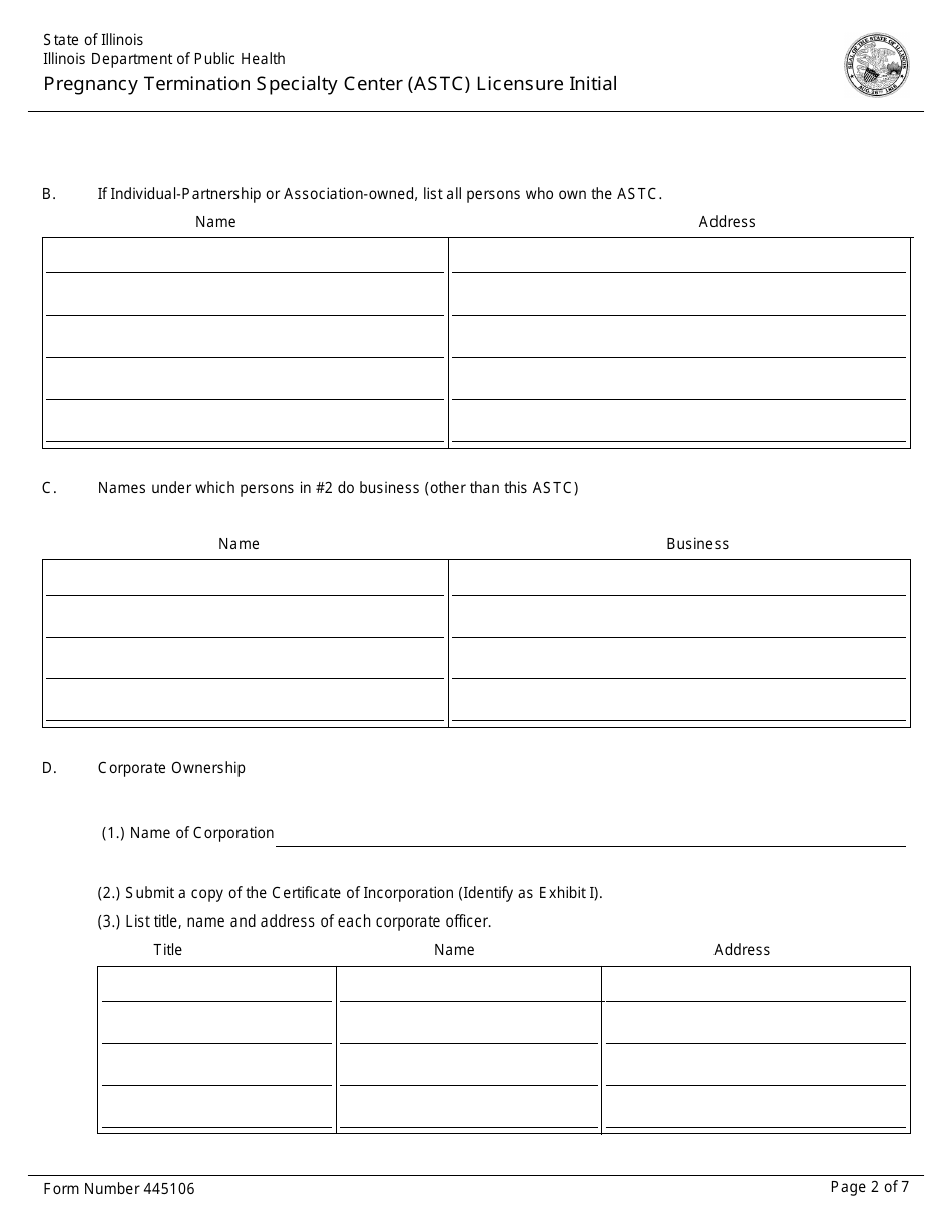 Form 445106 Pregnancy Termination Specialty Center (Astc) Licensure Initial - Illinois, Page 2