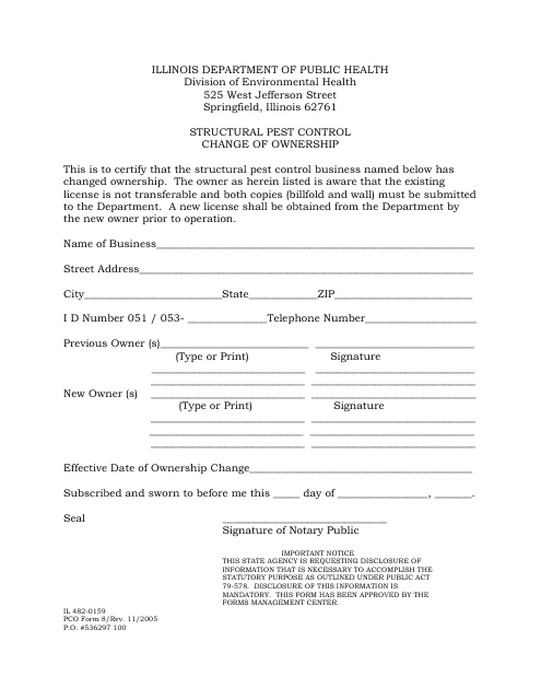 Form IL482-0159 (PCO Form 8) Structural Pest Control Change of Ownership - Illinois