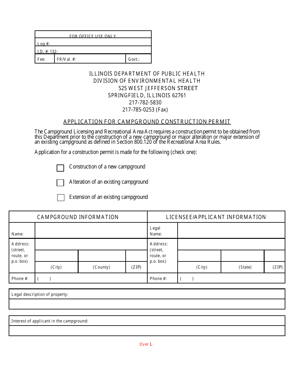 Form IL482-0534 Application for Campground Construction Permit - Illinois, Page 1