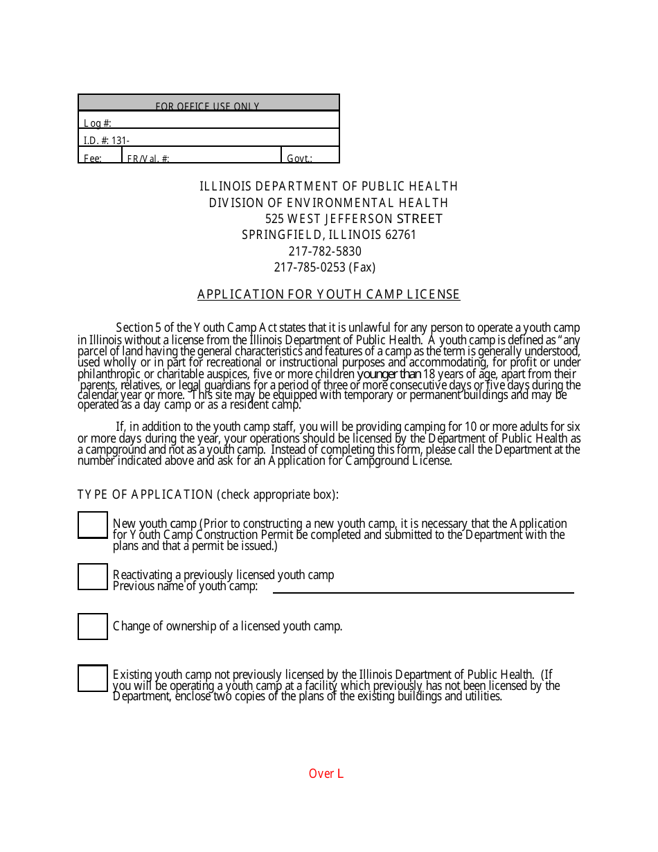 Form IL482-0675 Application for Youth Camp License - Illinois, Page 1