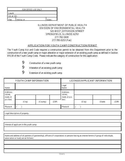 Form IL482-0136 Application for Youth Camp Construction Permit - Illinois