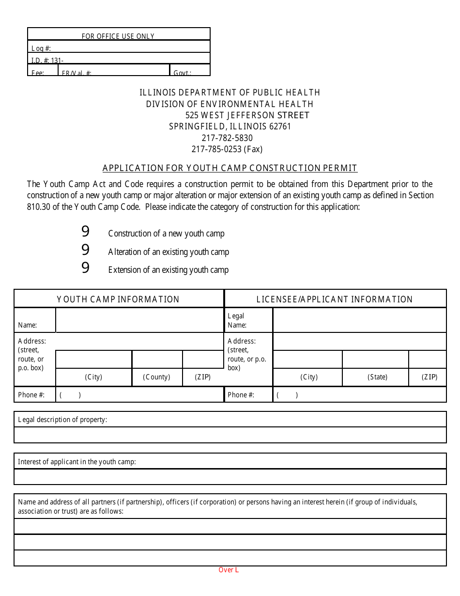 Form IL482-0136 Application for Youth Camp Construction Permit - Illinois, Page 1
