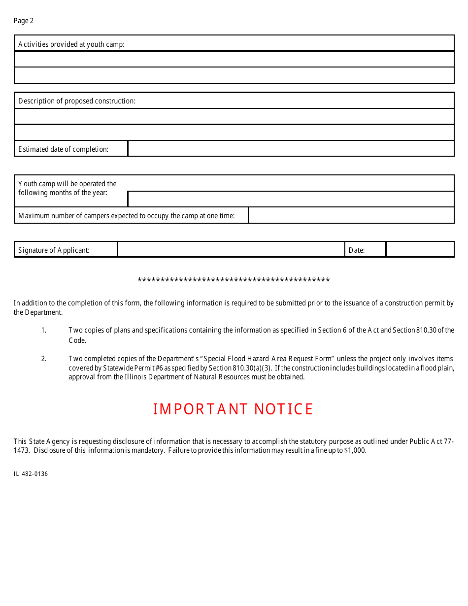 Form IL482-0136 Application for Youth Camp Construction Permit - Illinois, Page 2