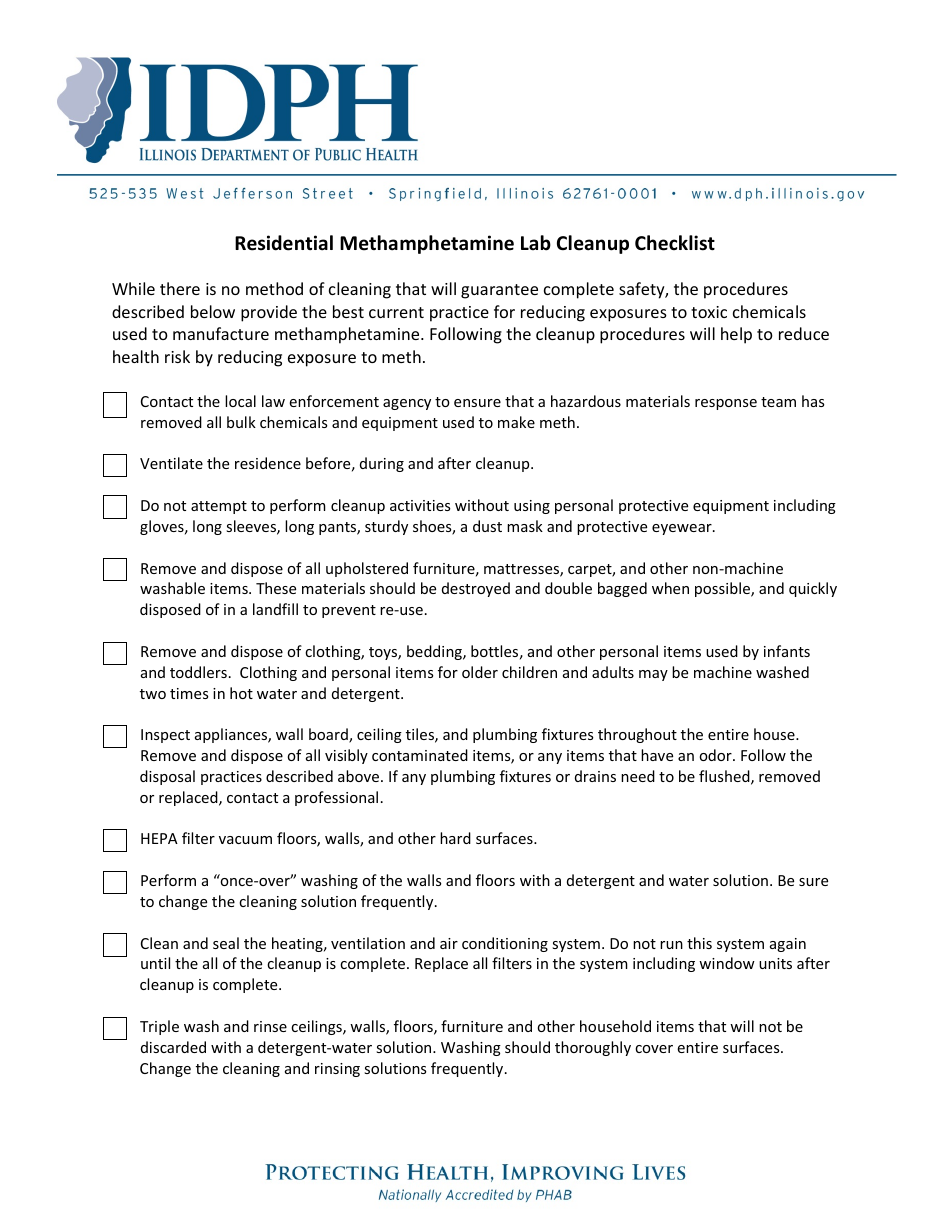 Residential Methamphetamine Lab Cleanup Checklist - Illinois, Page 1