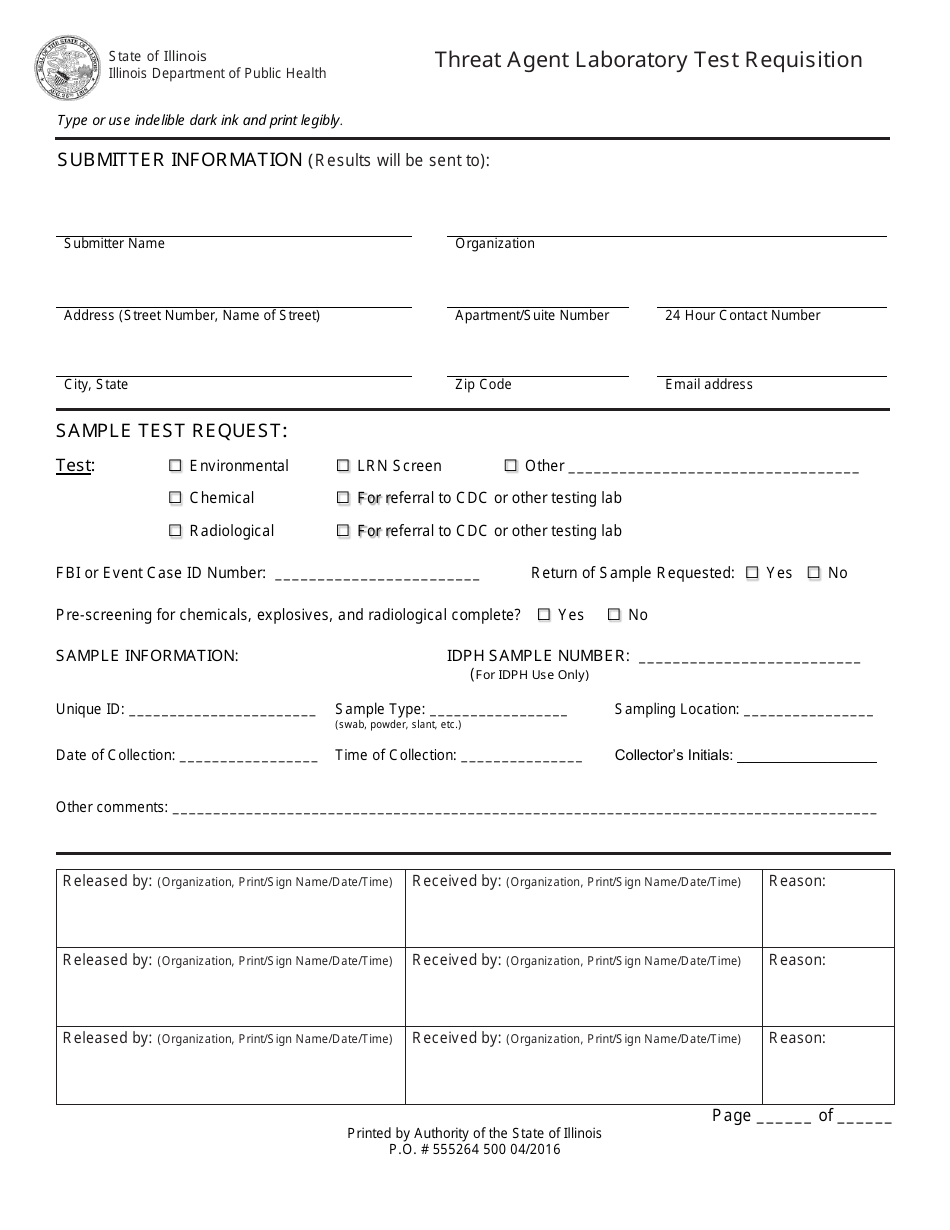 Threat Agent Laboratory Test Requisition - Illinois, Page 1