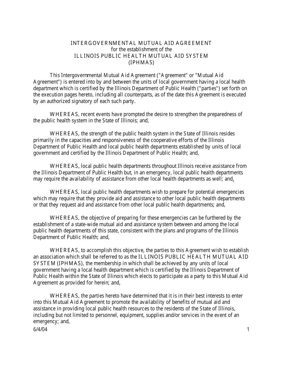 Intergovernmental Mutual Aid Agreement for the Establishment of the Illinois Public Health Mutual Aid System (Iphmas) - Illinois, Page 1