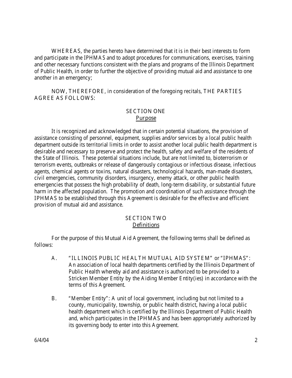 Intergovernmental Mutual Aid Agreement for the Establishment of the Illinois Public Health Mutual Aid System (Iphmas) - Illinois, Page 2