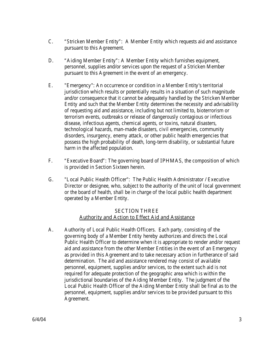 Intergovernmental Mutual Aid Agreement for the Establishment of the Illinois Public Health Mutual Aid System (Iphmas) - Illinois, Page 3