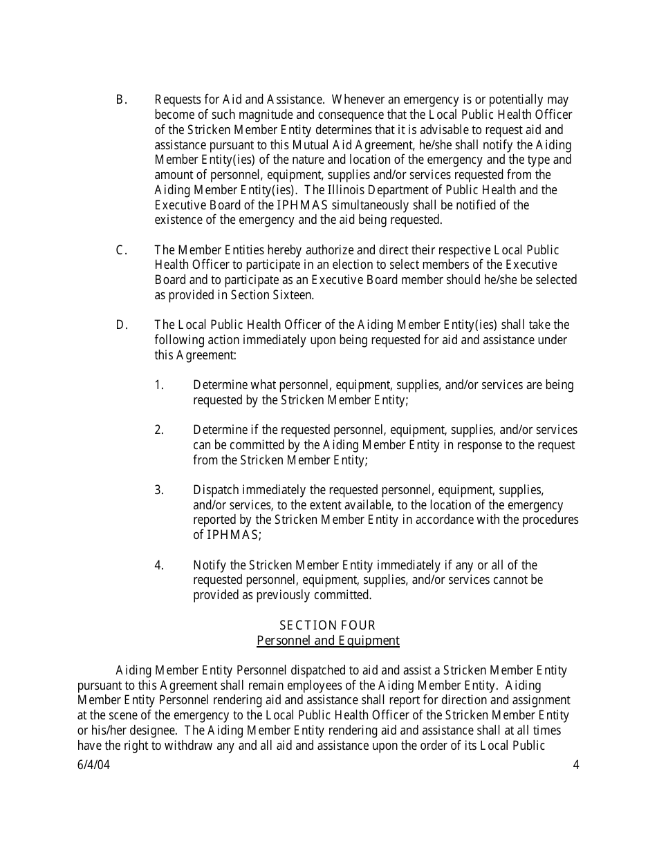 Intergovernmental Mutual Aid Agreement for the Establishment of the Illinois Public Health Mutual Aid System (Iphmas) - Illinois, Page 4