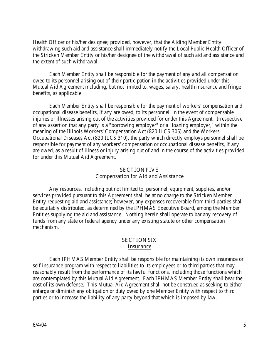 Intergovernmental Mutual Aid Agreement for the Establishment of the Illinois Public Health Mutual Aid System (Iphmas) - Illinois, Page 5
