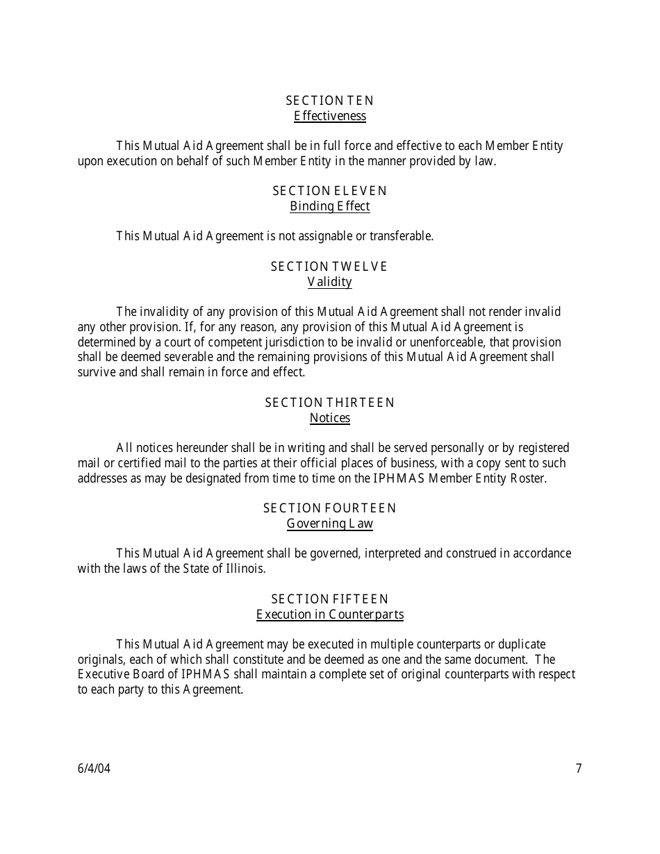 Intergovernmental Mutual Aid Agreement for the Establishment of the Illinois Public Health Mutual Aid System (Iphmas) - Illinois, Page 7