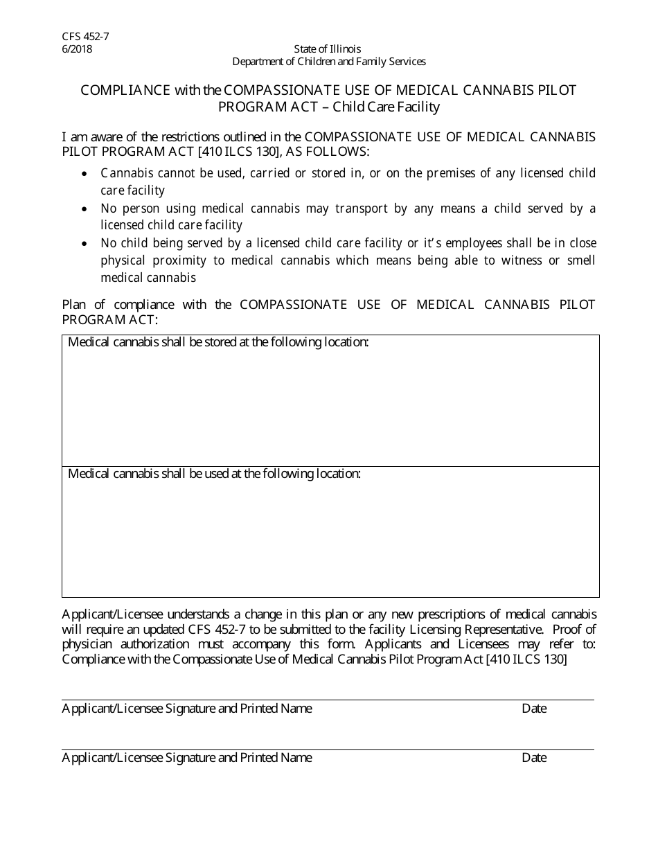 Form CFS452-7 Compliance With the Compassionate Use of Medical Cannabis Pilot Program Act - Child Care Facility - Illinois, Page 1