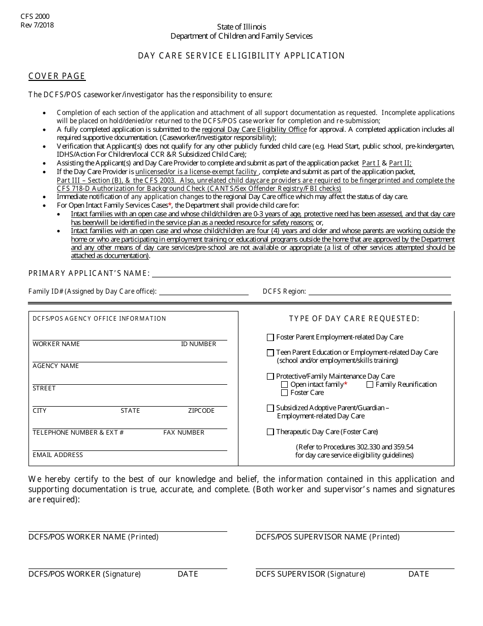 Form CFS2000 Day Care Service Eligibility Application - Illinois, Page 1