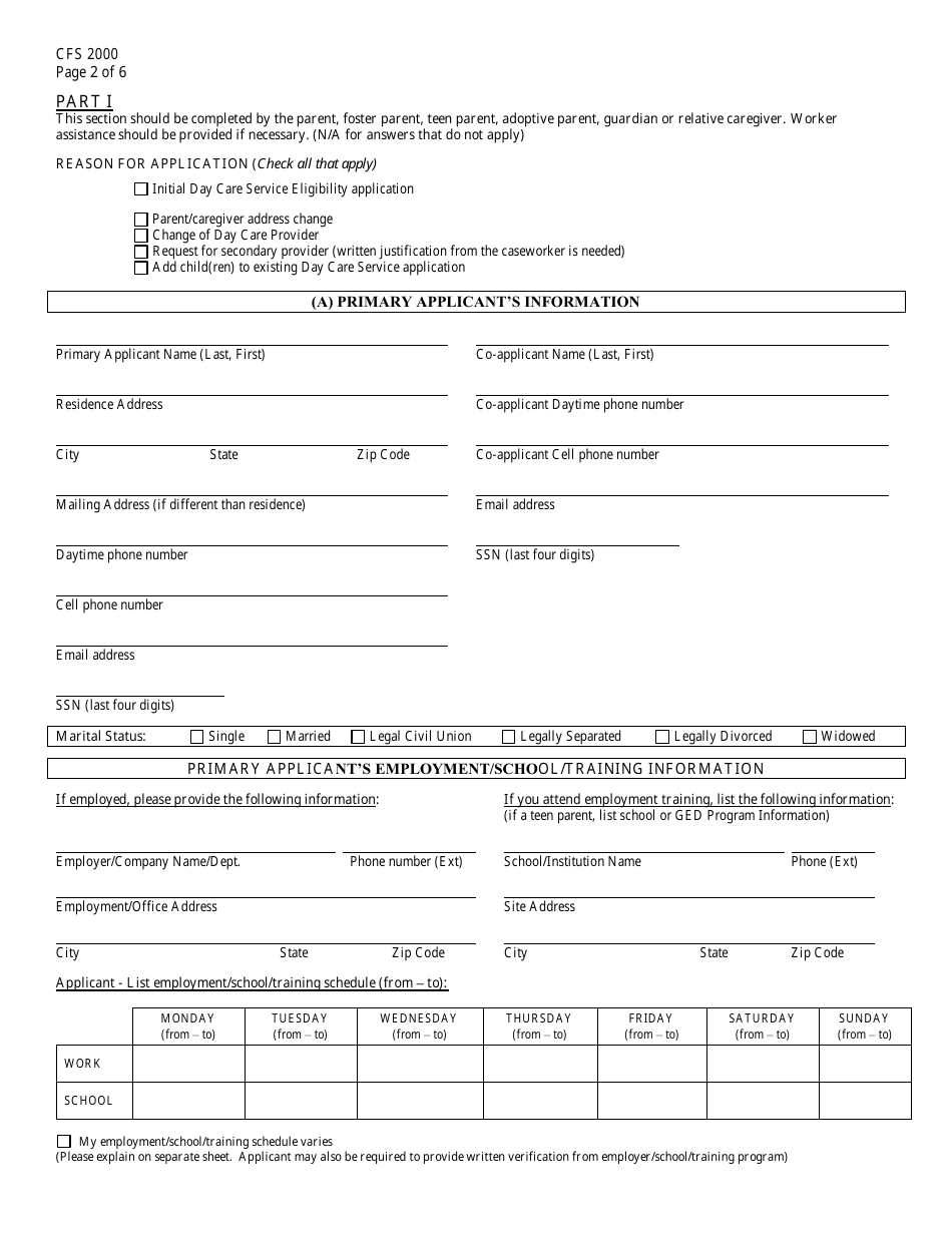 Form CFS2000 Day Care Service Eligibility Application - Illinois, Page 2