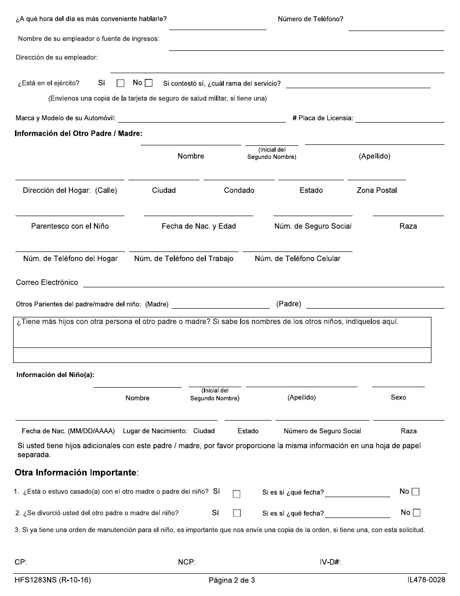 Formulario HFS1283NS Solicitud Para Servicios De Manutencion De Ninos (Title IV-D) Para El Padre / Madre Que No Vive Con Sus Hijos - Illinois (Spanish), Page 2