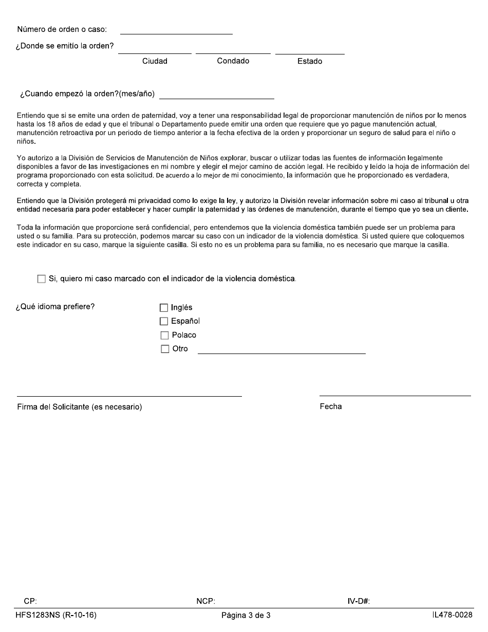 Formulario HFS1283NS Solicitud Para Servicios De Manutencion De Ninos (Title IV-D) Para El Padre / Madre Que No Vive Con Sus Hijos - Illinois (Spanish), Page 3