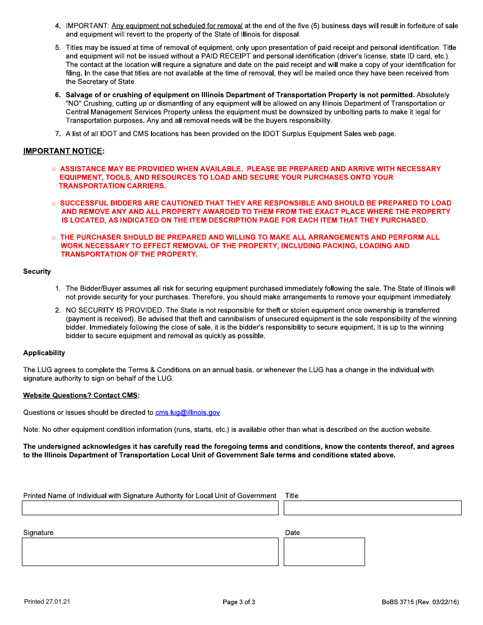 Form BoBS3715 Terms  Conditions Local Unit of Government (Lug) Sale - Illinois, Page 3