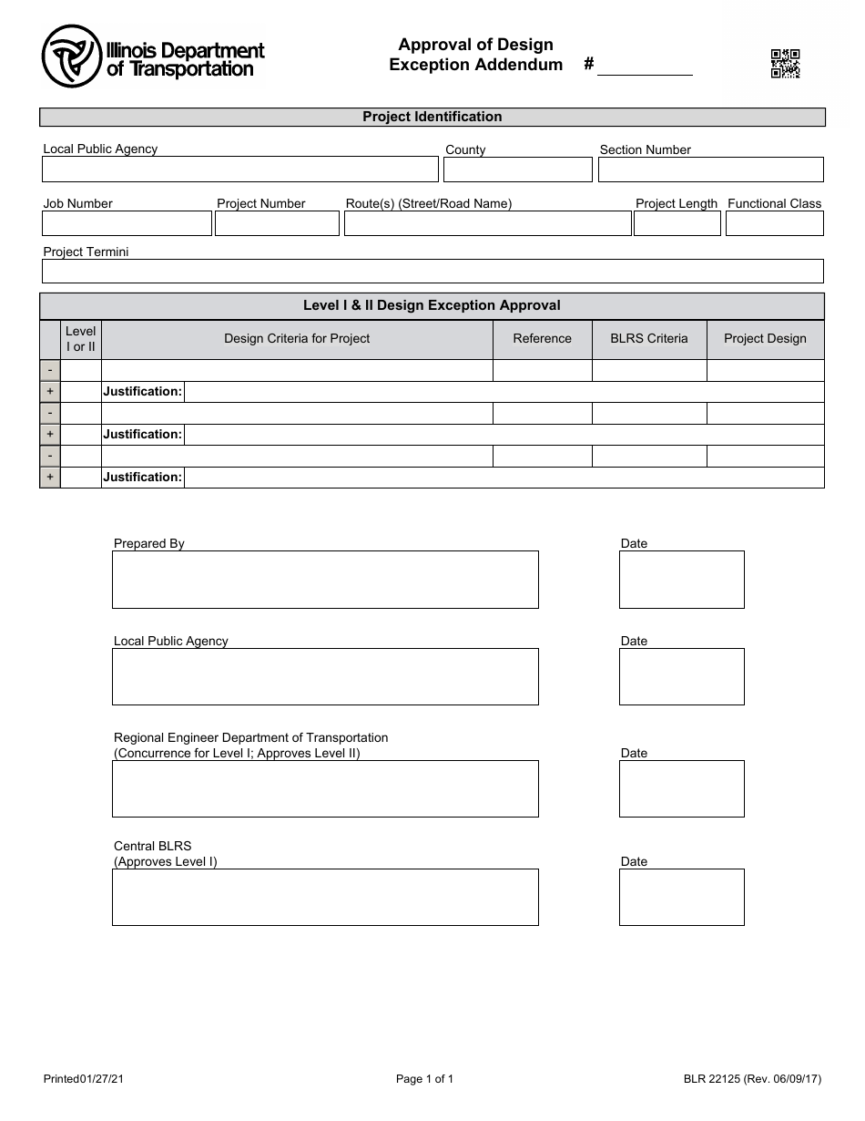 Form BLR22125 Approval of Design Exception Addendum - Illinois, Page 1