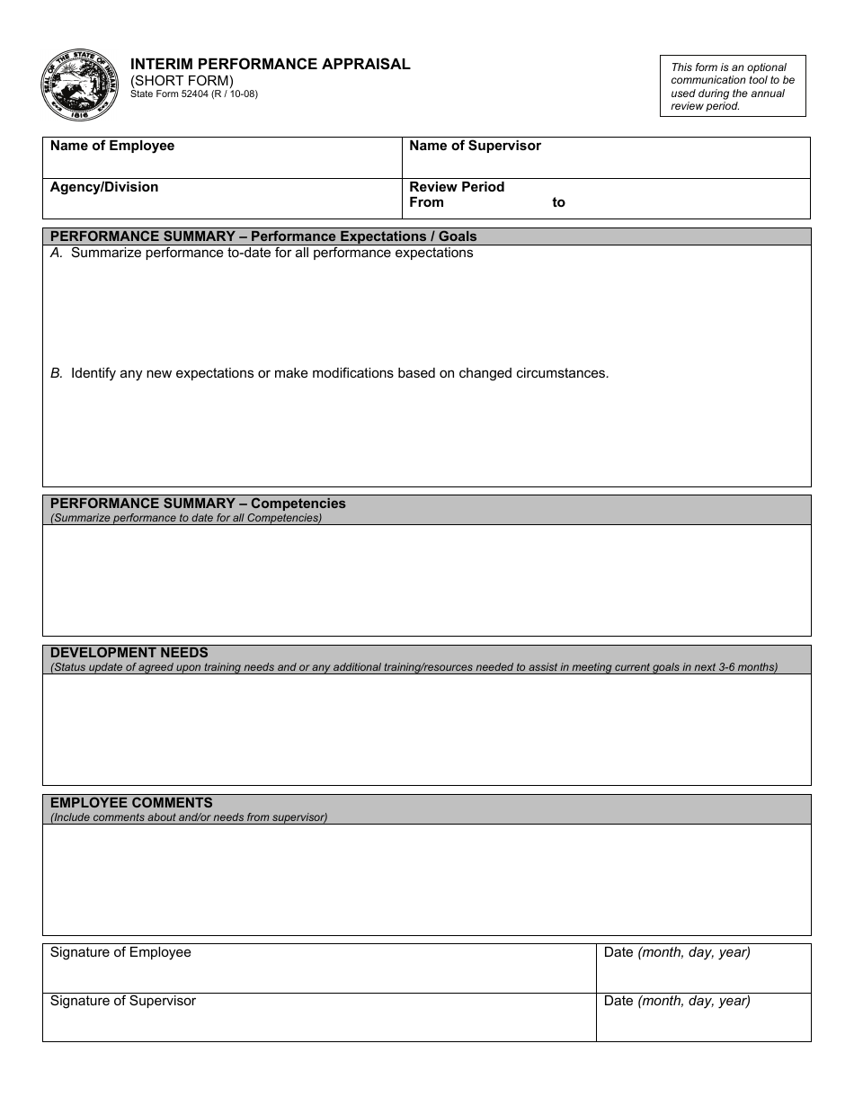 State Form 52404 Interim Performance Appraisal (Short Form) - Indiana, Page 1