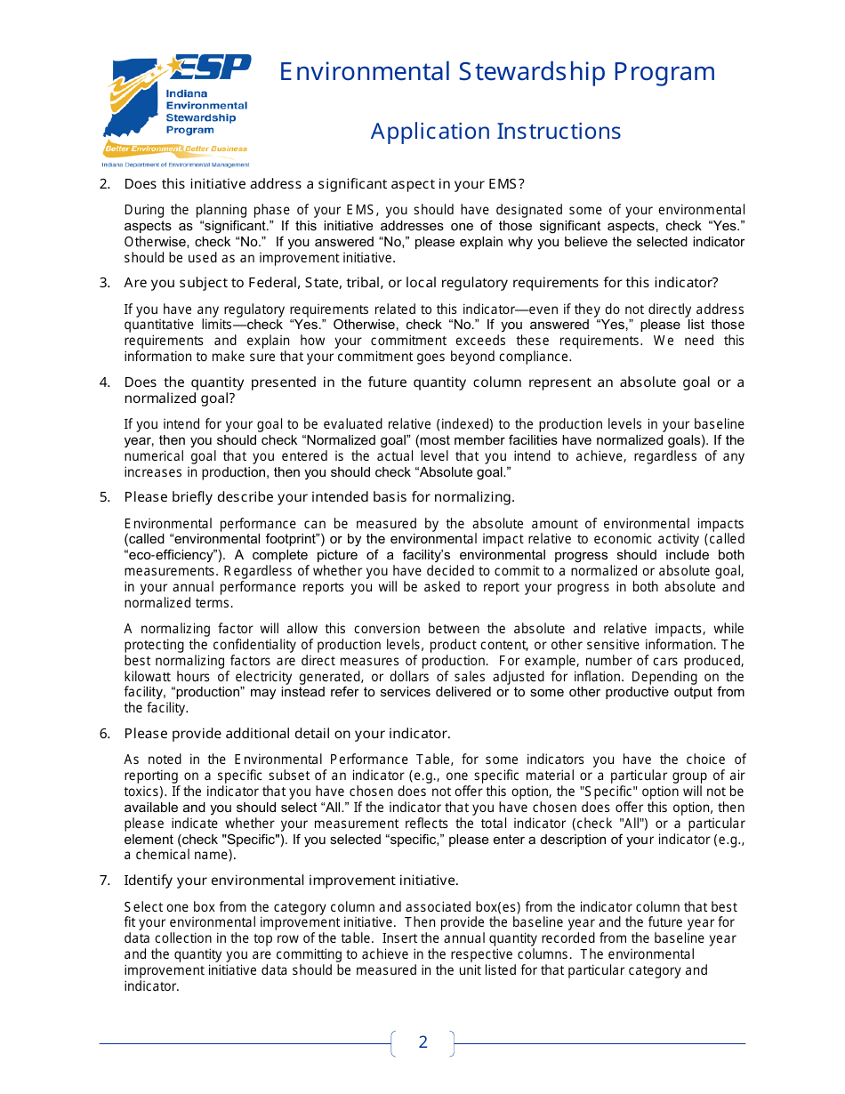 Instructions for Form 52772 Environmental Stewardship Program Application - Indiana, Page 2