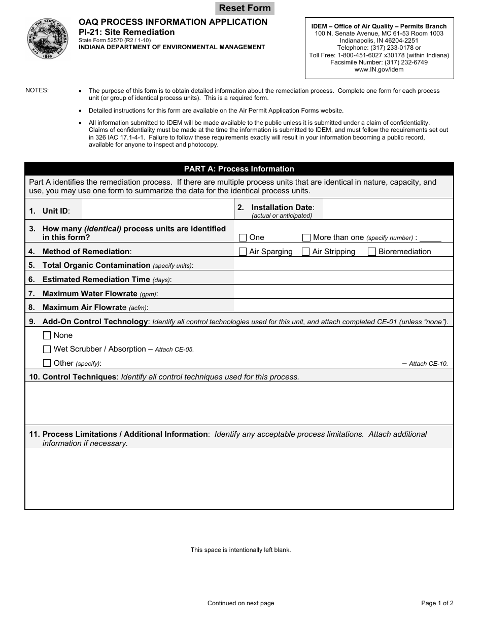 Form PI-21 (State Form 52570) Oaq Process Information Application - Site Remediation - Indiana, Page 1