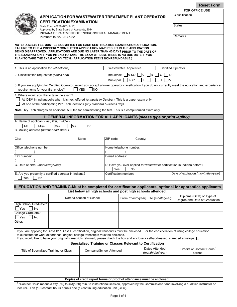 State Form 47289 Application for Wastewater Treatment Plant Operator Certification Examination - Indiana, Page 1