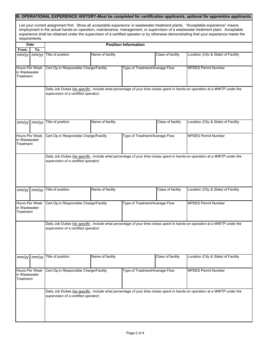 State Form 47289 Application for Wastewater Treatment Plant Operator Certification Examination - Indiana, Page 2