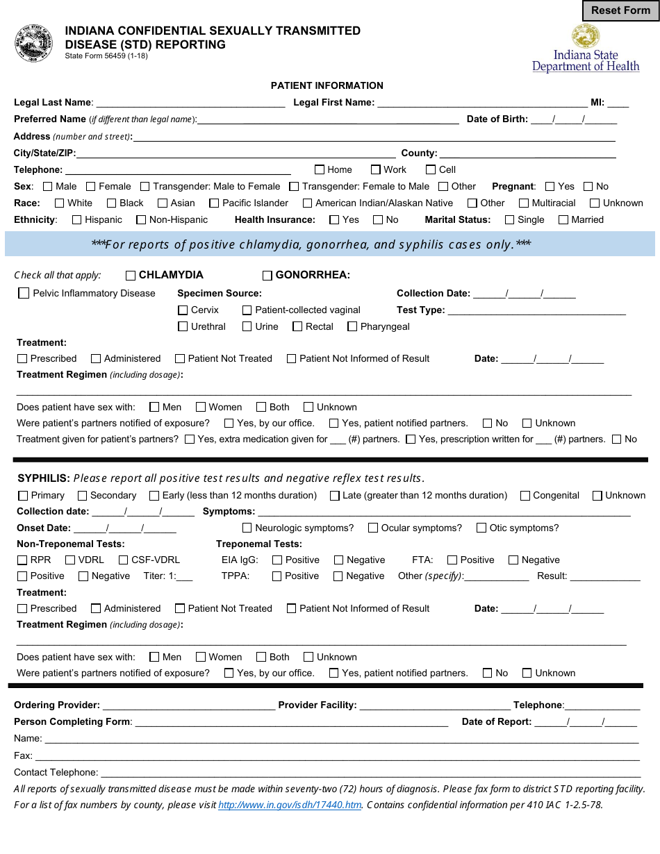 State Form 56459 Indiana Confidential Sexually Transmitted Disease (Std) Reporting - Indiana, Page 1