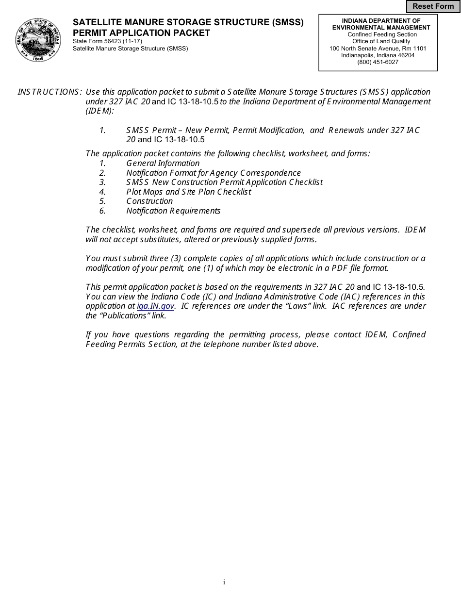 State Form 56423 Satellite Manure Storage Structure (Smss) Permit Application Packet - Indiana, Page 1