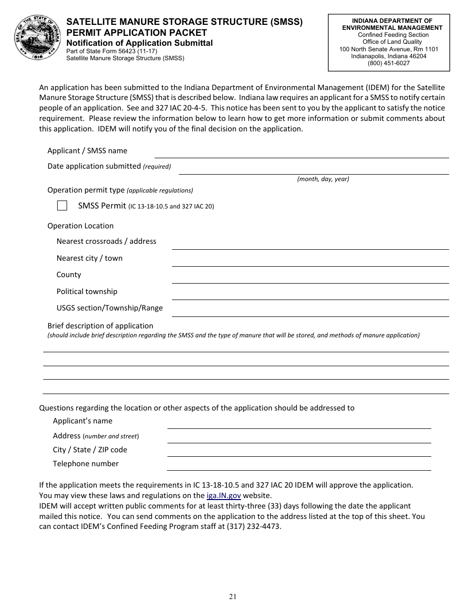 State Form 56423 Satellite Manure Storage Structure (Smss) Permit Application Packet - Indiana, Page 23