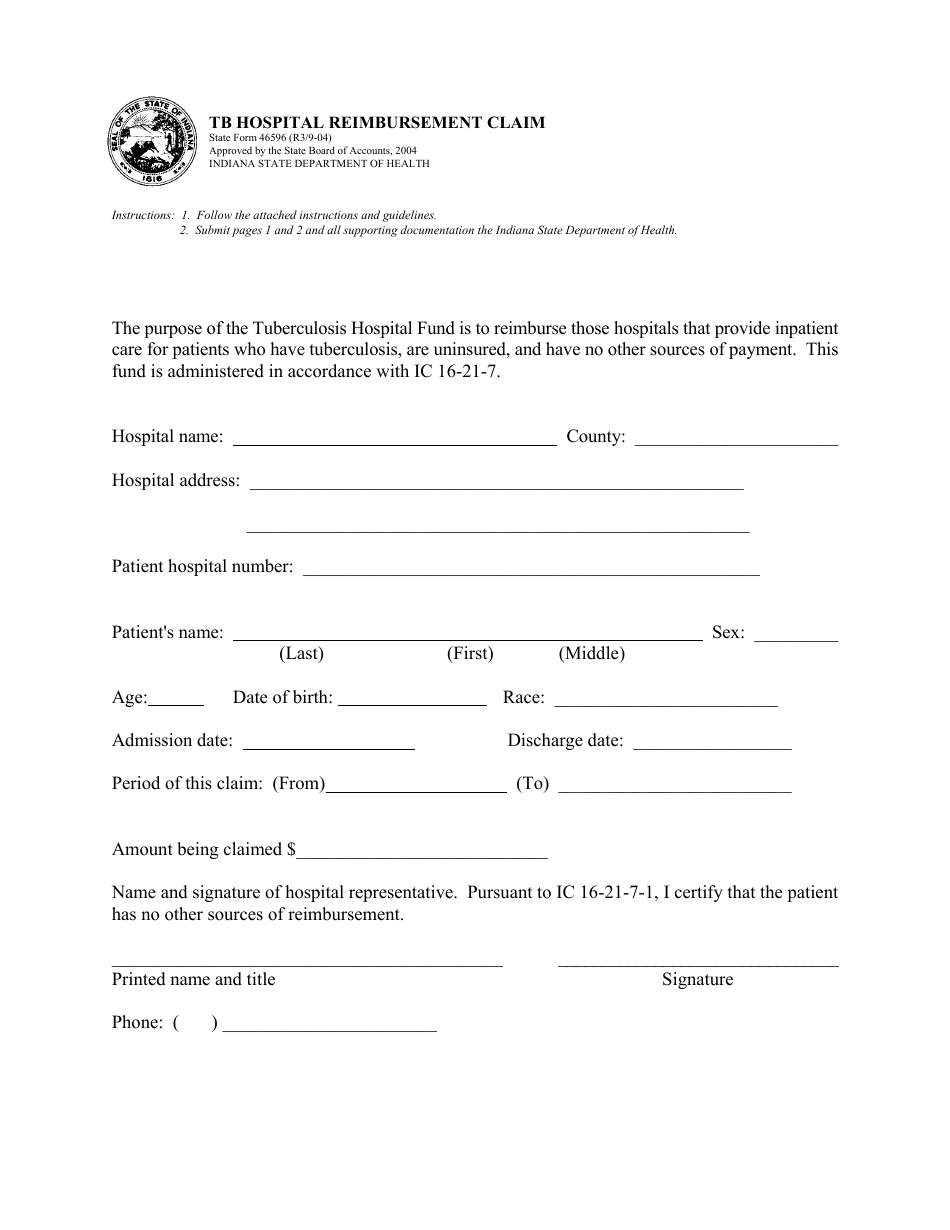 State Form 46596 Tb Hospital Reimbursement Claim - Indiana, Page 1