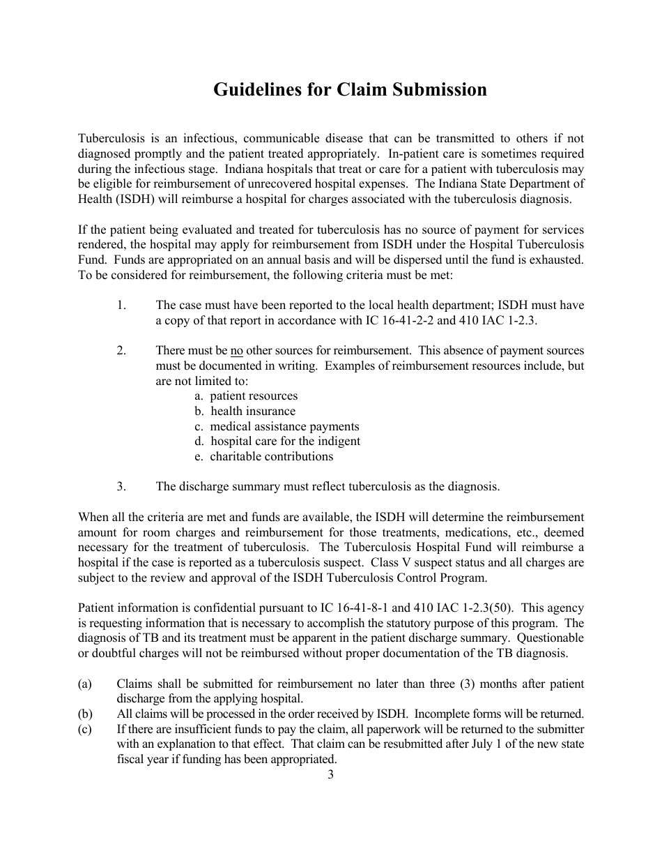 State Form 46596 Tb Hospital Reimbursement Claim - Indiana, Page 3